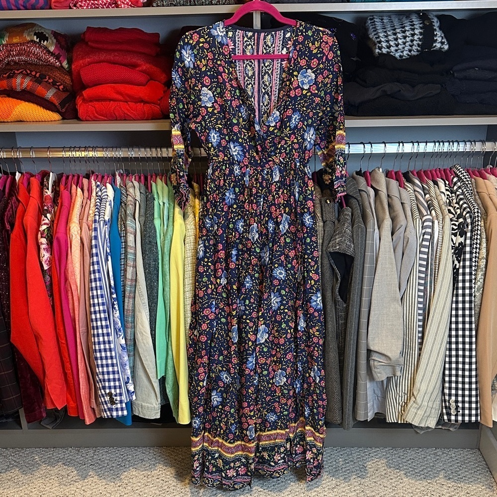 Unbranded blue/pink/yellow floral 3/4 sleeve v neck maxi dress size S